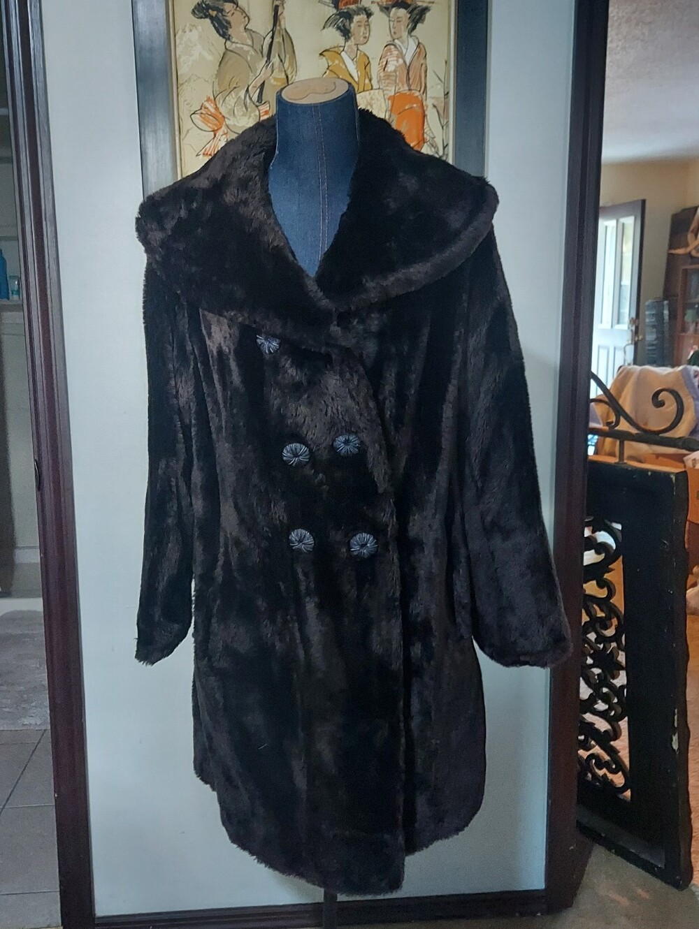 Vintage Retro 70s Women's Brown Collared Faux Fur Coat, large